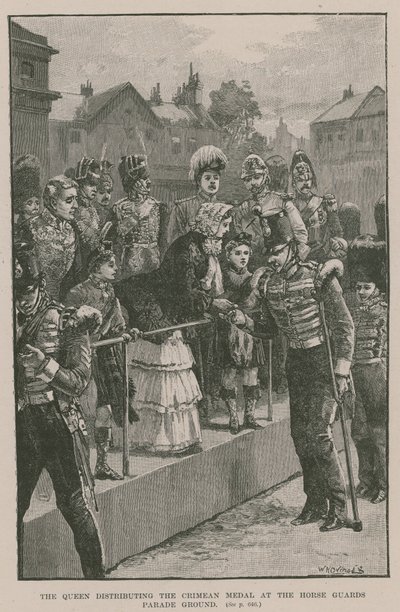 La Reina distribuyendo la Medalla de Crimea en el Campo de Desfile de la Guardia de Caballería de William Heysham Overend
