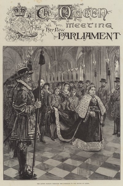 La Reina reuniéndose con su Nuevo Parlamento, pasando por el Corredor hacia la Cámara de los Lores de William Heysham Overend