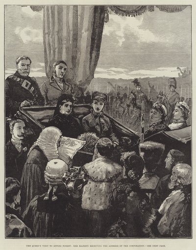 La visita de la Reina al Bosque de Epping, Su Majestad recibiendo la dirección de la Corporación de William Heysham Overend