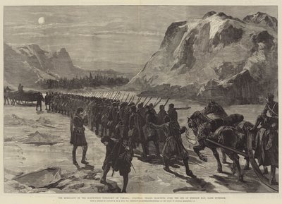 La rebelión en el Territorio del Noroeste de Canadá, tropas coloniales marchando sobre el hielo de la Bahía de Nepigon, Lago Superior de William Heysham Overend