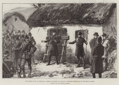 La Guerra de Rentas en Irlanda, Sacerdote encadenado a la Puerta para evitar la Entrada del Partido de Desalojo de William Heysham Overend