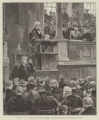 El Muy Honorable W E Gladstone en Oxford, dando la Conferencia Romanes en el Teatro Sheldonian de William Heysham Overend