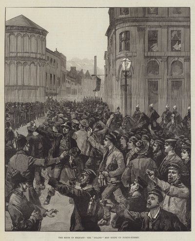 Los disturbios en Belfast, los hombres de la isla subiendo por North-Street de William Heysham Overend