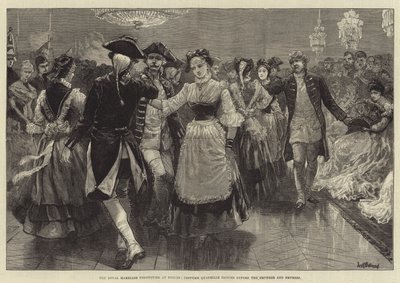 Las festividades del matrimonio real en Berlín, cuadrilla de disfraces bailada ante el Emperador y la Emperatriz de William Heysham Overend