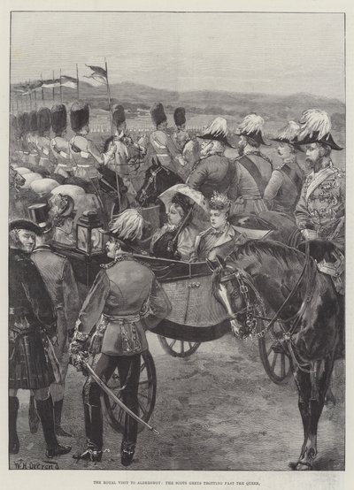 La Visita Real a Aldershot, los Scots Greys trotando frente a la Reina de William Heysham Overend