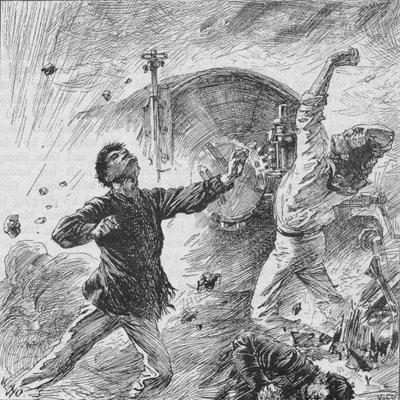 La explosión de la cáscara entre sus cañones de proa, 1902 de William Heysham Overend
