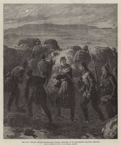 La guerra, antes de Plevna, rumanos haciendo trincheras hasta el segundo reducto de Gravitza de William Heysham Overend