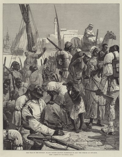 La guerra en Sudán, tropas negras saliendo de Massowah para unirse a las fuerzas en Souakim de William Heysham Overend