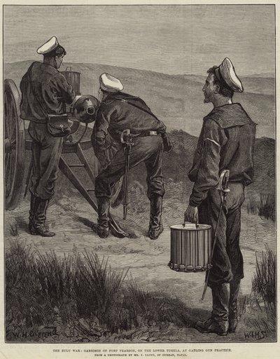 La guerra zulú, guarnición del Fuerte Pearson, en el Bajo Tugela, en práctica con ametralladora Gatling de William Heysham Overend