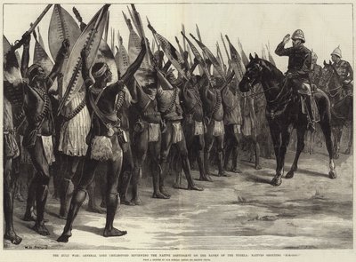 La guerra zulú, el general Lord Chelmsford revisando el contingente nativo en las orillas del Tugela, nativos gritando H-H-Ooo! de William Heysham Overend