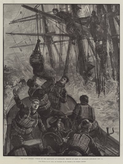 Las tormentas recientes, naufragio del Benvenue en Sandgate, rescate de la tripulación por el bote salvavidas de Sandgate, 11 de noviembre de William Heysham Overend
