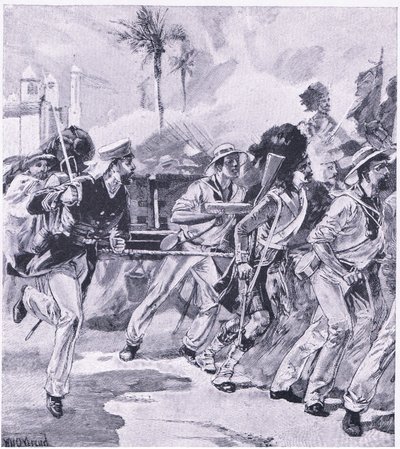 La brigada naval del HMS Shannon en Lucknow, noviembre de 1857, ilustración de British Battles on Land and Sea, 1915 de William Heysham Overend