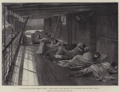 Hacia la tierra del pepita de oro, una noche calurosa en el Mar Rojo, en la cubierta del salón del Oceana de William Heysham Overend