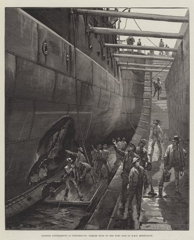 Experimentos de torpedos en Portsmouth, daños en el lado de babor del HMS Resistance de William Heysham Overend
