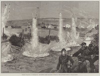 Práctica de torpedos en Portsmouth, minas de algodón pólvora explotadas frente a los barcos atacantes en Whale Island de William Heysham Overend