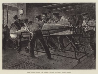 Práctica de torpedos a bordo del HMS Thunderer, preparándose para lanzar un torpedo Whitehead de William Heysham Overend
