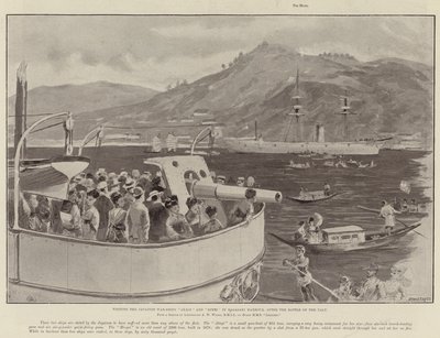 Visitando los Buques de Guerra Japoneses Akagi y Hiyei en el Puerto de Nagasaki, después de la Batalla del Yalu de William Heysham Overend