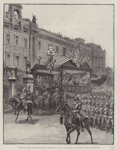Revisión de voluntarios ante la Reina en el Palacio de Buckingham el sábado pasado, el Cuerpo de Artistas desfilando de William Heysham Overend
