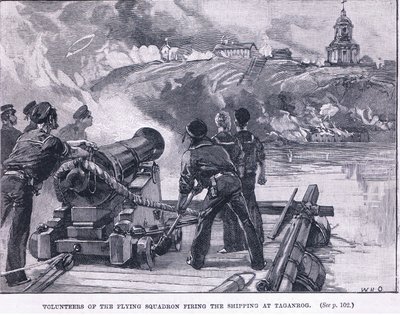 Voluntarios del escuadrón volador disparando a los barcos en Taganrog 1855 d.C. de William Heysham Overend