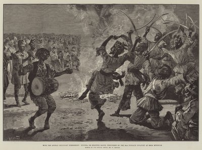 Con la Comisión de Fronteras de Afganistán, Bungra, o danza Khattuk, realizada por la 20ª Infantería de Punjaub en Bala Murghab de William Heysham Overend