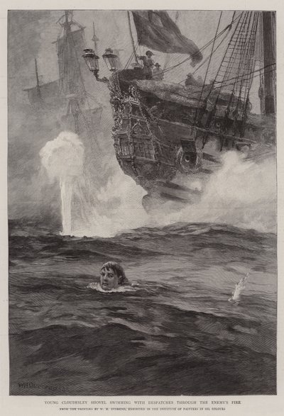 El joven Cloudesley Shovell nadando con despachos a través del fuego enemigo de William Heysham Overend