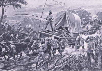 Guerra Zulú: La fuerza de socorro de Estowe cruzando un arroyo, abril de 1879, ilustración de British Battles on Land and Sea, 1915 de William Heysham Overend
