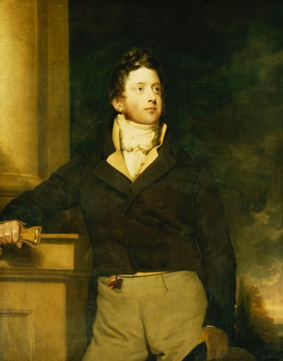 Retrato de un caballero, de pie, tres cuartos de longitud, con chaqueta marrón y jabot blanco, en un paisaje de William Hilton