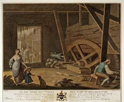 Vista interior de un molino de escutch, Placa V de La Manufactura de Lino de Irlanda, 1791 de William Hincks