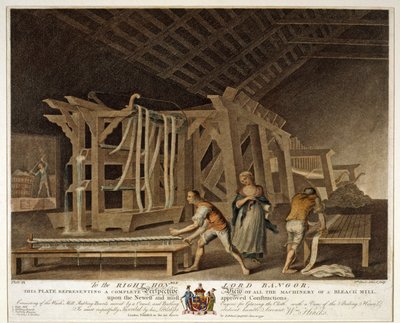 Vista en perspectiva de toda la maquinaria de un Molino de Blanqueo, Placa IX de La Fábrica de Lino de Irlanda, 1791 de William Hincks