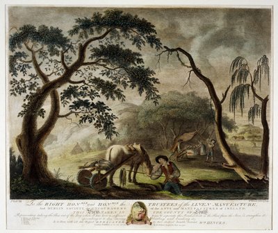 Sacando el lino del pantano, Placa III de La Manufactura de Lino de Irlanda, 1791 de William Hincks