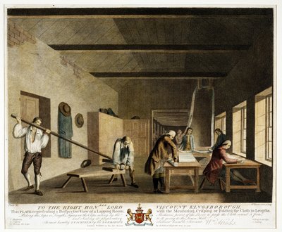 Al honorable Lord Vizconde Kingsborough... esta placa representa una vista en perspectiva de una sala de plegado, con la medición, el crujido o el plegado de la tela en longitudes, Placa XI, La manufactura de lino de William Hincks