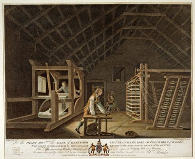 Enrollando, Urdiendo con un Nuevo Molino de Urdiembre Mejorado y Tejiendo, placa VII de La Fábrica de Lino de Irlanda, 1791 de William Hincks