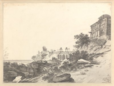 Vista de las ruinas de parte del palacio y la mezquita de Futty Poor Sicri [Fatehpur Sikri] de William Hodges