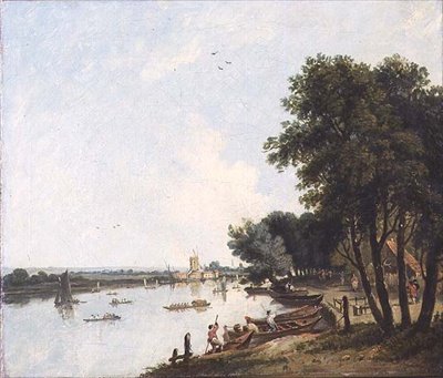 Una vista del Támesis en Chelsea con el molino de poste en Nine Elms más allá de William Hodges