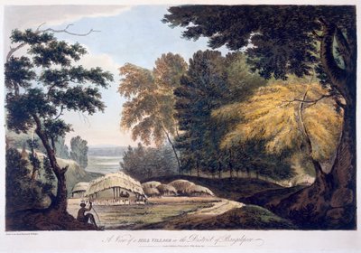 Pueblo en la colina en el distrito de Bauhelepoor, 1787 (aguafuerte) de William Hodges