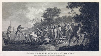 Desembarco en Erramanga (o Eromanga), una de las islas de Vanuatu (antiguas Nuevas Hébridas, archipiélago del océano Pacífico), mostrando a la tripulación de una canoa luchando con guerreros de la isla. de William Hodges