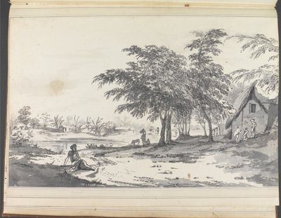 Vista de un pueblo indígena con un hombre sentado en primer plano de William Hodges