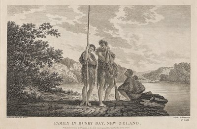 Vista de la Bahía de las Islas (Dusky Bay) (Nueva Zelanda), con una familia maorí. Grabado (33,9x47,1 cm) a partir de un dibujo de William Hodges (1744-1797), hacia 1785. de William Hodges