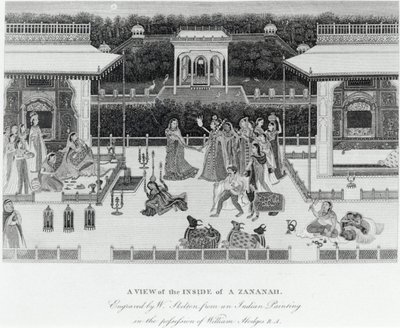 Vista del interior de un Zananah, grabado por William Skelton de William Hodges