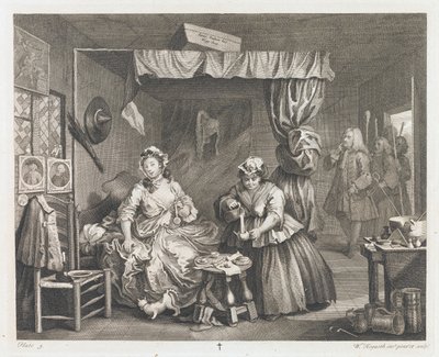 La caída de una ramera, diseñada en 1732, impresa en 1744 de William Hogarth