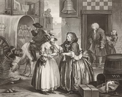 El progreso de una prostituta / Der Weg einer Dirne, hoja 1: Llegada a Londres. 1732 de William Hogarth