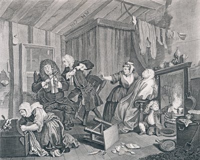 El progreso de una ramera, Placa Cinco: Expira mientras los doctores discuten, 1732 de William Hogarth