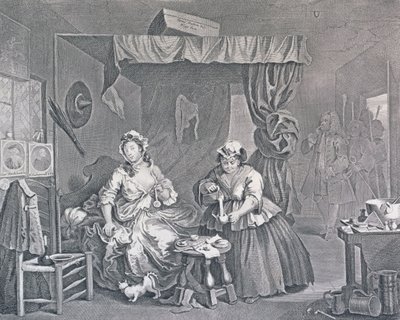 El progreso de una ramera, Placa Tres: Aprehendida por un magistrado, 1732 de William Hogarth