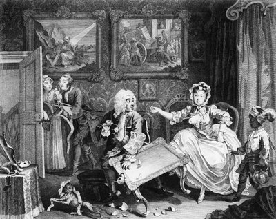 El progreso de una ramera, placa II, peleas con su protector judío de William Hogarth