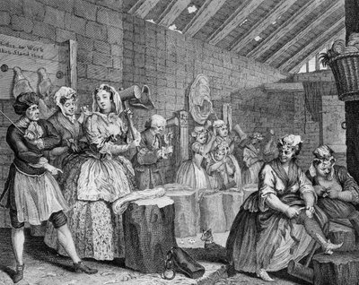 El progreso de una ramera, lámina IV, escena en Bridewell de William Hogarth