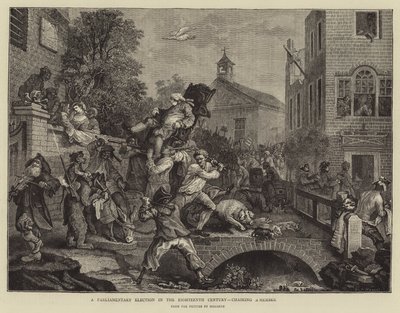 Una elección parlamentaria en el siglo XVIII, llevando a un miembro de William Hogarth