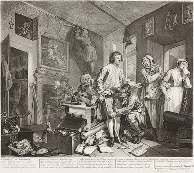 El progreso de un libertino, Placa 1: El libertino tomando posesión de su herencia de William Hogarth