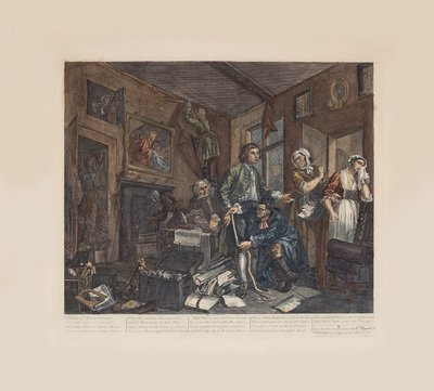 El progreso de un libertino, Placa 1: El joven heredero toma posesión de los efectos del avaro, ca 1735 de William Hogarth