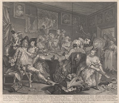 La carrera de un libertino, lámina 3: Se entrega al desenfreno de William Hogarth