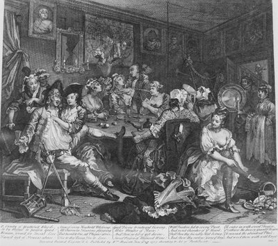 El progreso de un libertino, Placa 3, La escena de la taberna de William Hogarth